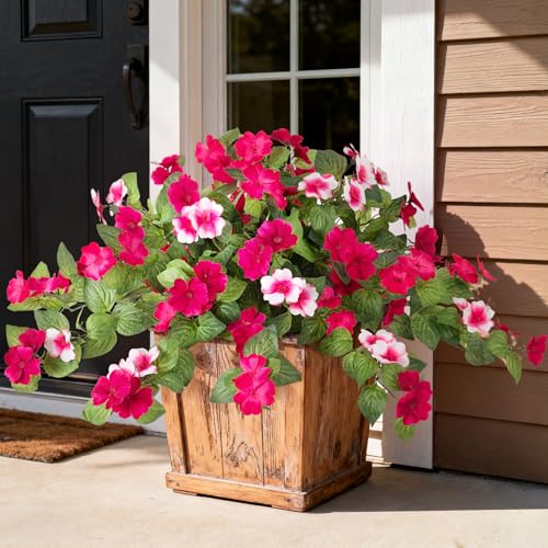 Artificial Fake Flowers for Outdoors Spring Decoration 2 Bundles Faux Flowers Plants for Outdoor Planters UV Resistant Silk Realistic Flowers for Outside Home Garden Front Porch Patio Décor (A-rose Red White)
