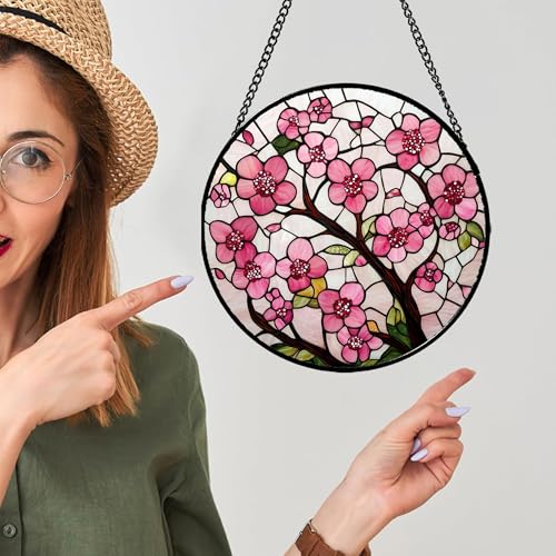 Pink Cherry Blossoms Stained Glass Window Hanging Suncatcher Gifts 7.8" (Pink / 7.8x7.8 IN)