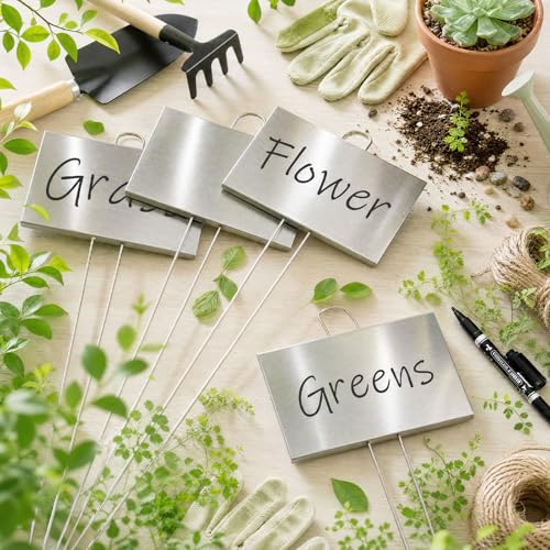 12 Pcs Large Plant Marker (4'' X 6'' with 21'' Stake / Silver)