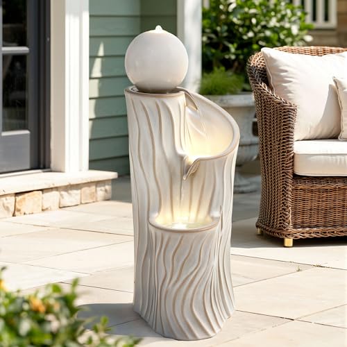 32"Ceramic 3 Tier Sphere Outdoor Water Fountain (Beige Glaze Wave Texture 32"h-sphere)