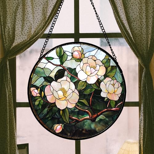 Pink Camellia Stained Glass Window Hanging Suncatcher Gifts for Women 6.3"