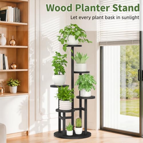 Wood Small Plant Stand Table Tall for Indoor Corner (Natural Black / 5 Tier)
