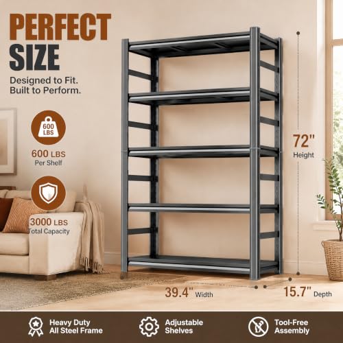 Heavy Duty Metal Bookshelf Adjustable 5 Tier Book Shelf with Bolt (Improved 72"H×35.4"W×15.7"D)