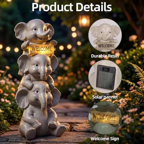 Solar Elephant Garden Statue with Lighted Welcome Sign (A Family of Three Elephants)