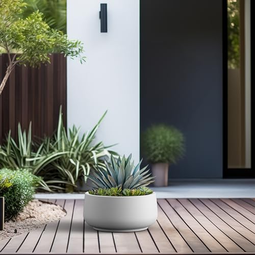 Accent Round Bowl White Concrete Planter 14.2" Dia (White / 13.4" Dia)