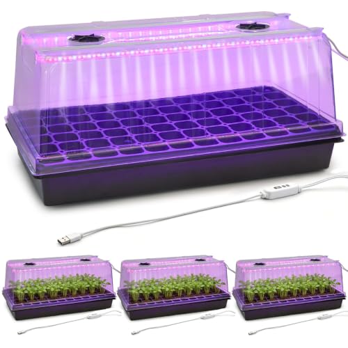 4 Pack 1020 Trays with Grow Light & 72 Cell Plug & 6.3" Tall Humidity Domes (4p 1020Trays+6.3''Domes+72 Plugs+Lights)