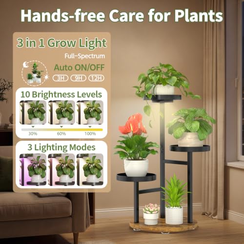 Corner Plant Stand Indoor Shelf Tall with Lights (Matte Black - Brown with Light / 3 Tier)