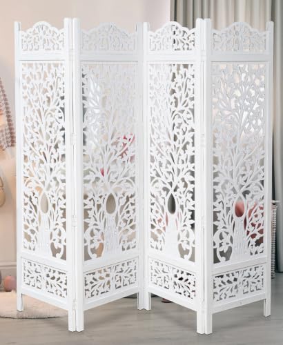 Room Divider Wooden Foldable Hand Carved Screens Panel 80" Wx72 H 4Panel (Antique White / 80"W x 72"H - Tree)
