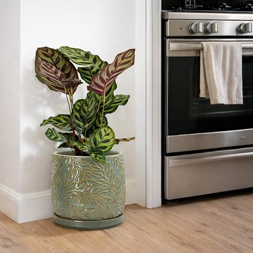 Embossed Leaves Ceramic Planter (8 Inch / Olive)