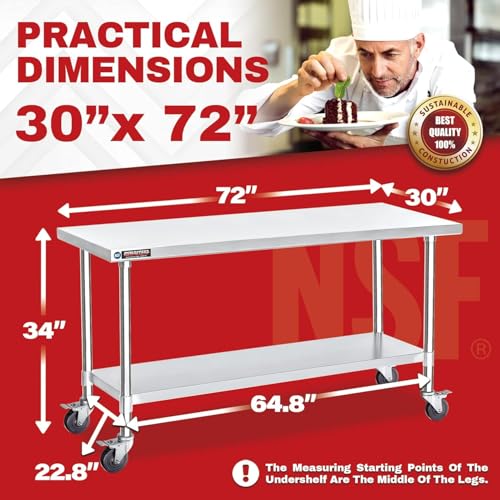 30x72 NSF Stainless Steel Cart Work Table (30" x 72" / Table Cart with Casters)