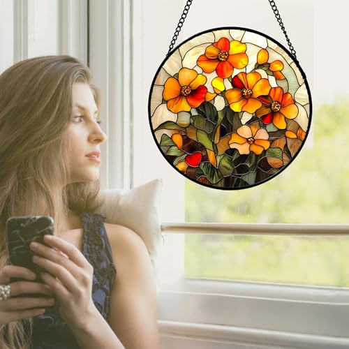Orange Calendula Flower Stained Glass Window Hanging Suncatcher Gifts 6.3" (Orange / 6.3x6.3 IN)