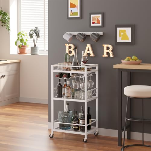 Bar Cart with 3 Mirrored Shelves (White（3 Tier）)