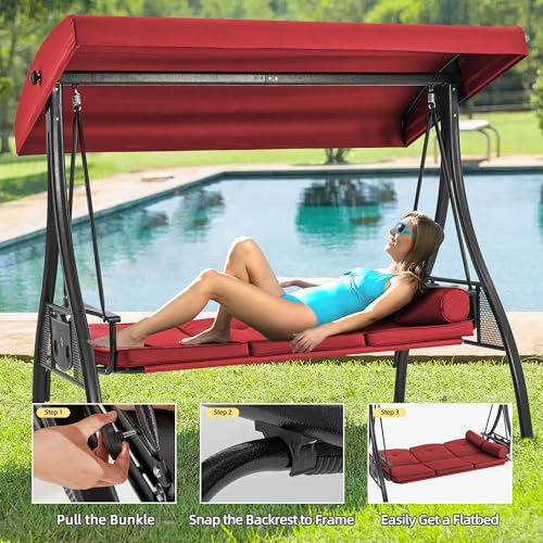 3 Seat Porch Swing with Adjustable Canopy (Wine Red)