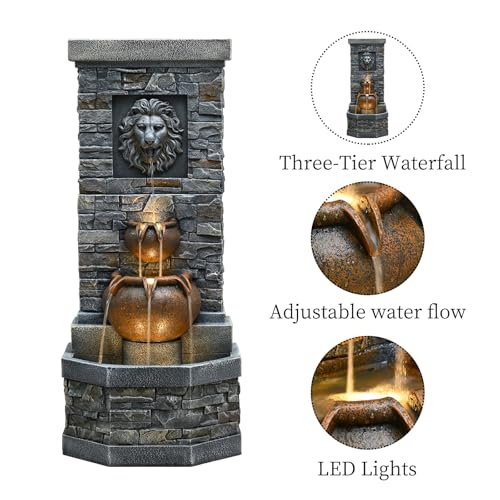42'' Lion Head Outdoor Water Fountain with Lights (Lion Head 42in)