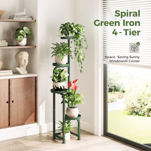 Corner Plant Stand Indoor Outdoor Tall Metal Flower Pot Stands (Dark Green / Spiral 4Tier)