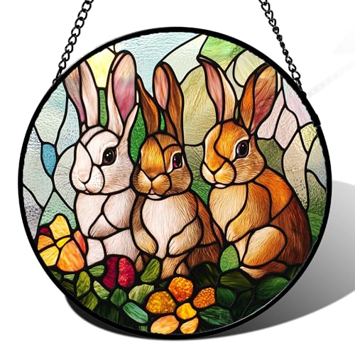 Bunny Rabbit Flowers Stained Glass Window Hanging Suncatcher Gifts 9.8" (Yellow-brown / 9.8x9.8 IN)