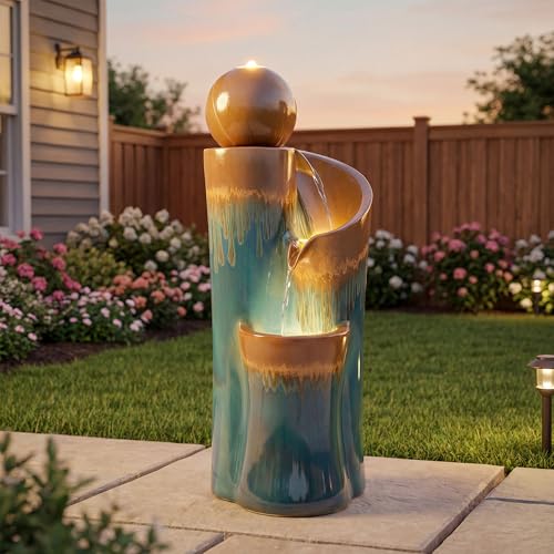 32" Ceramic Outdoor Water Fountain w (Teal & Copper Drip Glaze 32"h-sphere)