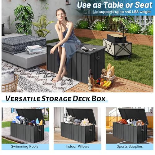 Outdoor Metal Storage Deck Box Waterproof 100 Gal Patio Pool Deck Box (Dark Grey)