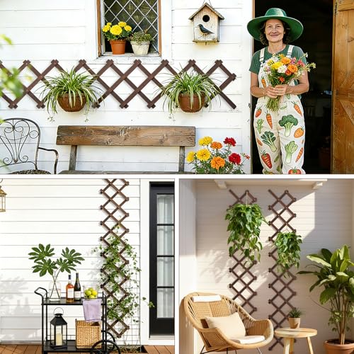 Expandable Wooden Lattice Panels Outdoor Garden Fence Trellis for Climbing Plants Roses Vines Cucumbers Weather Resistant Decorative Wood Privacy Fence (Brown-2PC / 13''x 68'')
