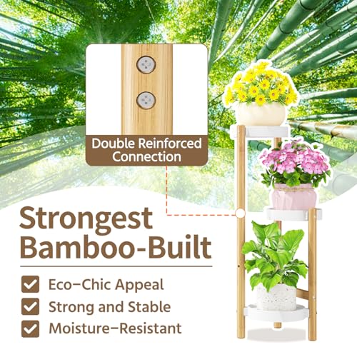 Plant Stand Table Tall for Indoor Corner (Standard White-Bamboo / 3 Tier)