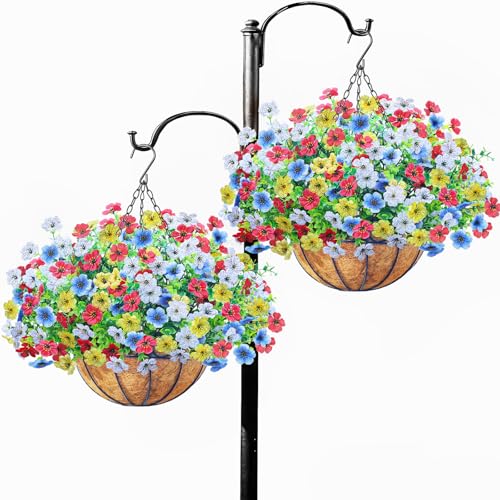 2 Set Artfiticial Hanging Flowers with Basket & Foam Outdoor (Red White Blue Yellow / 2 Pcs)