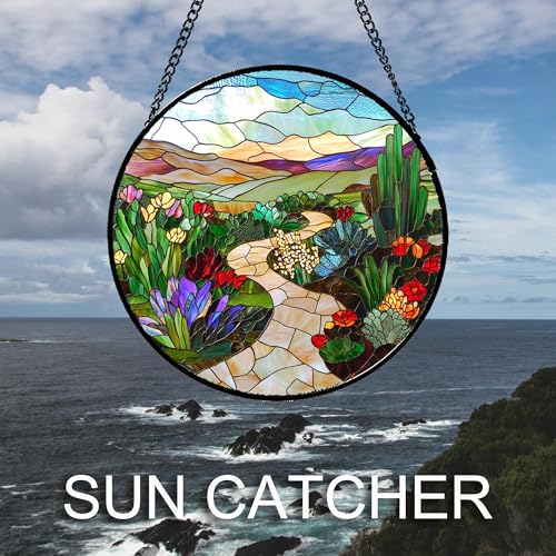 Desert Garden Path Stained Glass Window Hanging Suncatcher Gifts 6.3" (Multi Color / 6.3x6.3 IN)