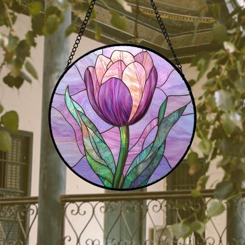 Stained Glass Window Hanging 4 Pcs Set Purple Flower Theme Large 11.8" (4-piece Set Purple / 11.8x11.8 IN)