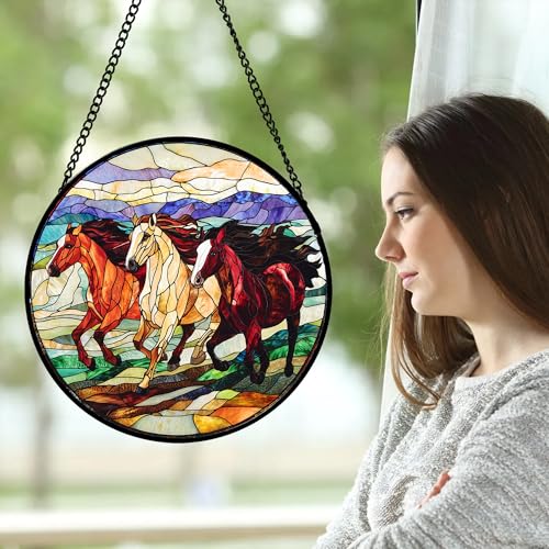 Running Horses Stained Glass Window Hanging Suncatcher Gift for Women 15" (White Brown / 14.9x14.9 IN)