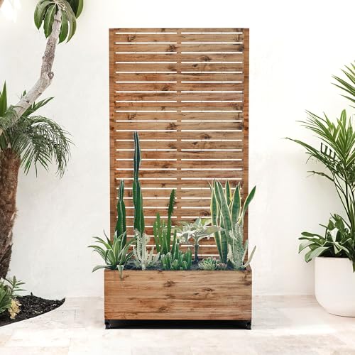 Outdoor Privacy Planter with Wheels (Brown Log Grain / 35"L×16"W×71"H)