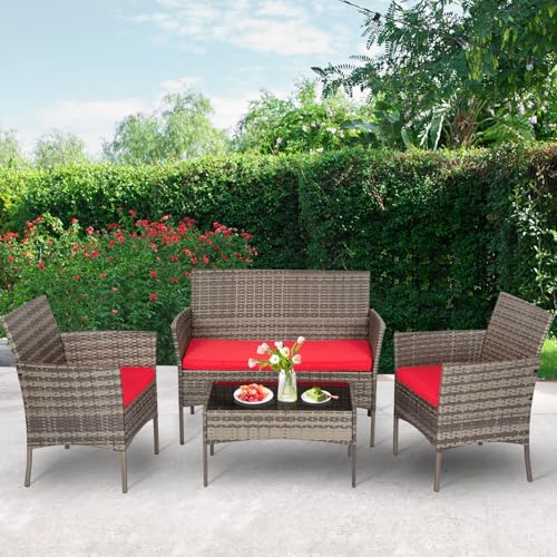 4 Piece Patio Furniture Set (Gray and Red / 4-Piece)