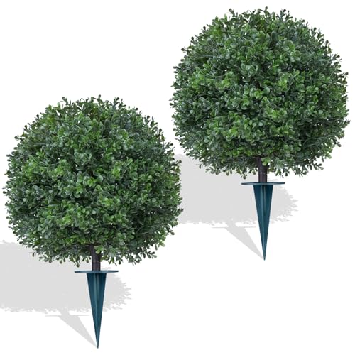 2PCS 24" Artificial Boxwood Topiary Ball Trees with Ground Spike (Boxwood)