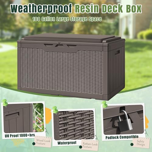 100 Gallon Resin Deck Box Large Outdoor Storage with Cushions for Patio Furniture (Brown / 100 Gallon)