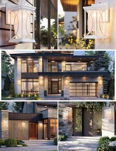 White Outdoor Sconce Dusk to Dawn Exterior Light Fixtures Wall Mount Porch Light Modern Outdoor Wall Light Aluminum with Crack (White-L)