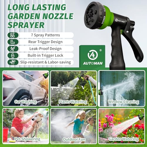 Garden-Hose-Nozzle, 2 Pack ABS Water Spray Nozzle with Heavy Duty 7 Adjustable Watering Patterns,Slip Resistant for Watering Plants,Lawn& Garden,Washing Cars,Cleaning,Showering Pets - Green (Green)