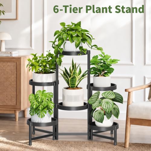 Plant Stand Indoor Outdoor with Large 10 Inch Plastic Tray (Standard Black with Large Tray / 6 Tier)
