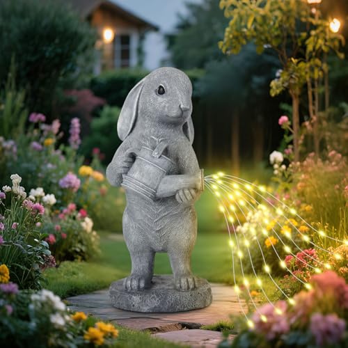Solar Rabbit Garden Statue with Watering Can Lights Outdoor Yard Lawn Decor