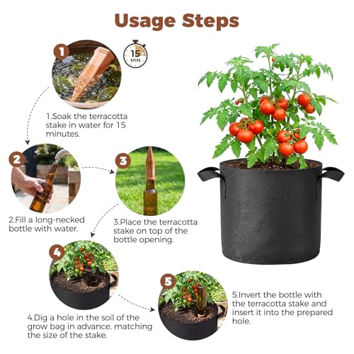 5 Pack 10 Gallon Self Watering Grow Bags with 5pcs Terracotta Watering Spikes (5 Count)