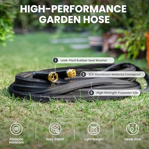 Garden Hose 100FT Lightweight Lay Flat Water Hose Kink Free Flexible Hose with 9 Spray Function Nozzle（Black）