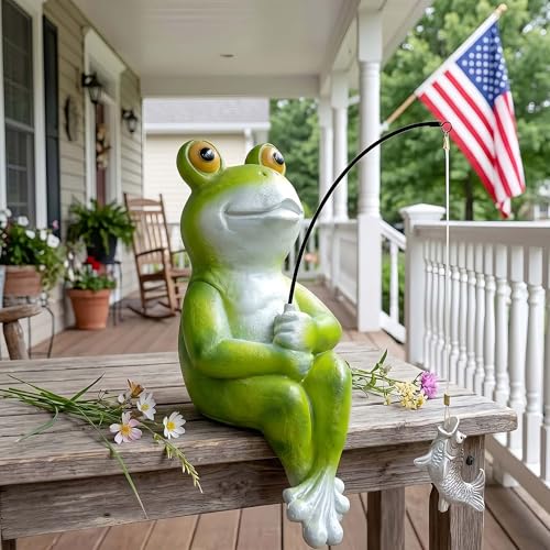 9.5" Frog Fishing Garden Sculptures & Statues