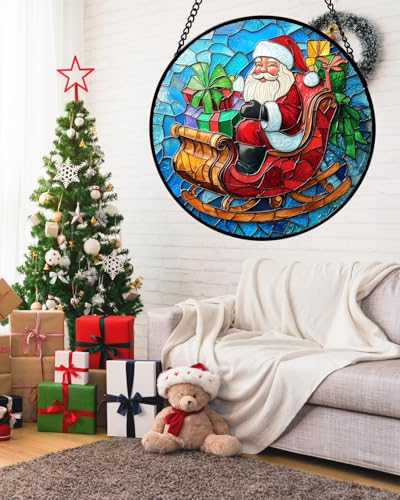 Christmas Santa Sleigh Stained Glass Window Hanging Suncatcher Gifts 9.8" (Red and Blue / 9.8x9.8 IN)