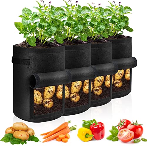 4 Pack Potato Grow Bags 10 Gallon with Flap (Black 10 Gallon / 4 Pack with Window)