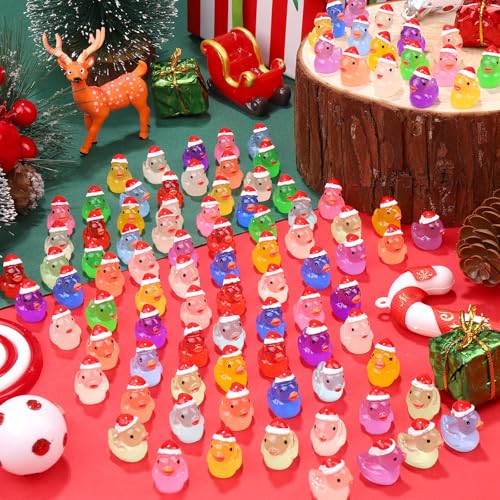 120Pcs Luminous Christmas Mini Resin Duck 14 Colors Glow in The Dark Small Duck Figurines for Miniature Christmas Decor Aquarium Ornament Dollhouse Decoration DIY Slime Craft Kit Birthday Party Favors (120pcs-christmas Ducks)