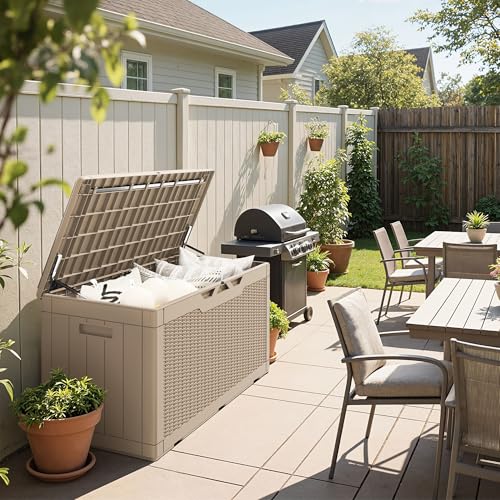 100 Gallon Resin Deck Box Large Outdoor Storage Boxes with Cushions for Garden Tools
