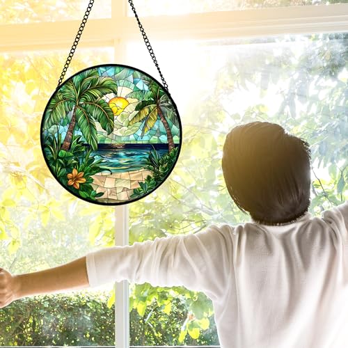 Palm Sunrise Green Ocean Stained Glass Window Hanging Suncatcher Gifts 6.3"