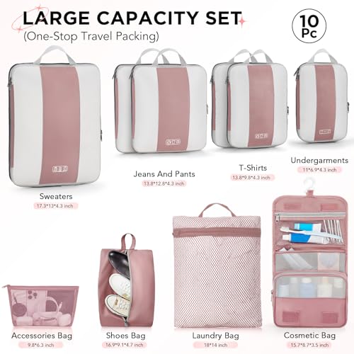 10 Set Compression Packing Cubes for Travel Essentials (Light Coral)