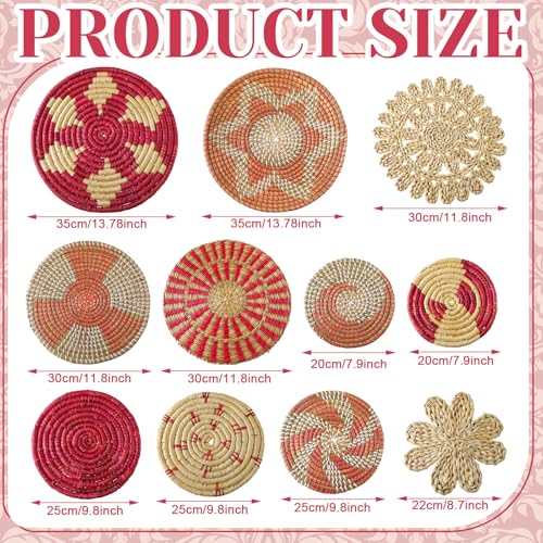 11 Pcs Boho Wall Basket Decor Woven Wall Hanging Art (Pink)