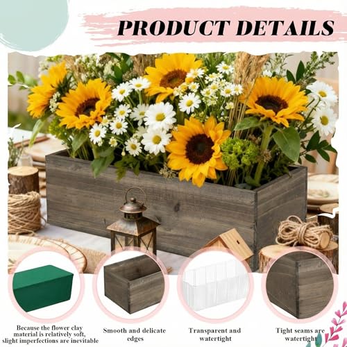 1 Set Wood Boxes for Centerpieces 12x4 Inch Rectangle Wooden Planter Box Rustic Wooden Planters with Removable Plastic Liner Floral Foam Blocks for Christmas Wedding Home Garden Decor (12 X 4 Inch / Brown)