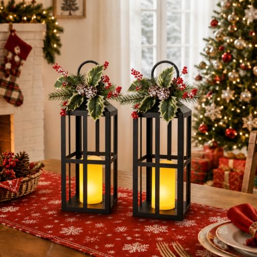 Christmas Lanterns 2 Pack with LED Candles for Christmas Porch Decor