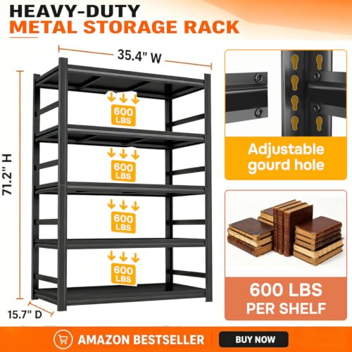 72" H Metal Bookshelf with Anti (5-Tier 72''Hx36''Wx16''D)