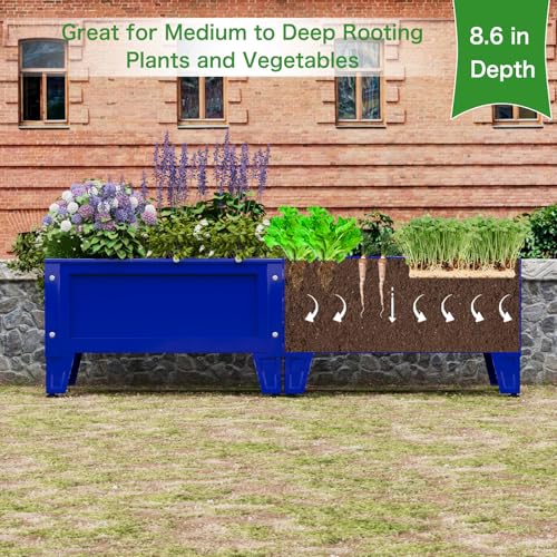 Elevated Metal Planter Box Stand Heavy Duty Raised Garden Bed for Vegetables Flowers Herbs Indoor Outdoor Use (Blue / 23.6"L×12.3"W×14.1"H)